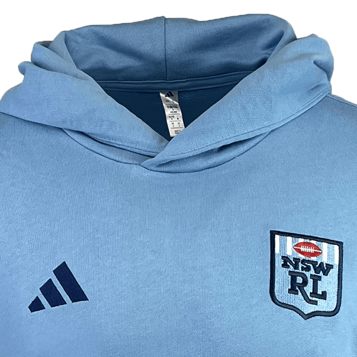 The New South Wales Rugby League 24/25 Season Hoodie by adidas features a light blue cotton design with the NSW RL embroidered logo and an adidas emblem on the front, celebrating NSW Rugby League in style.