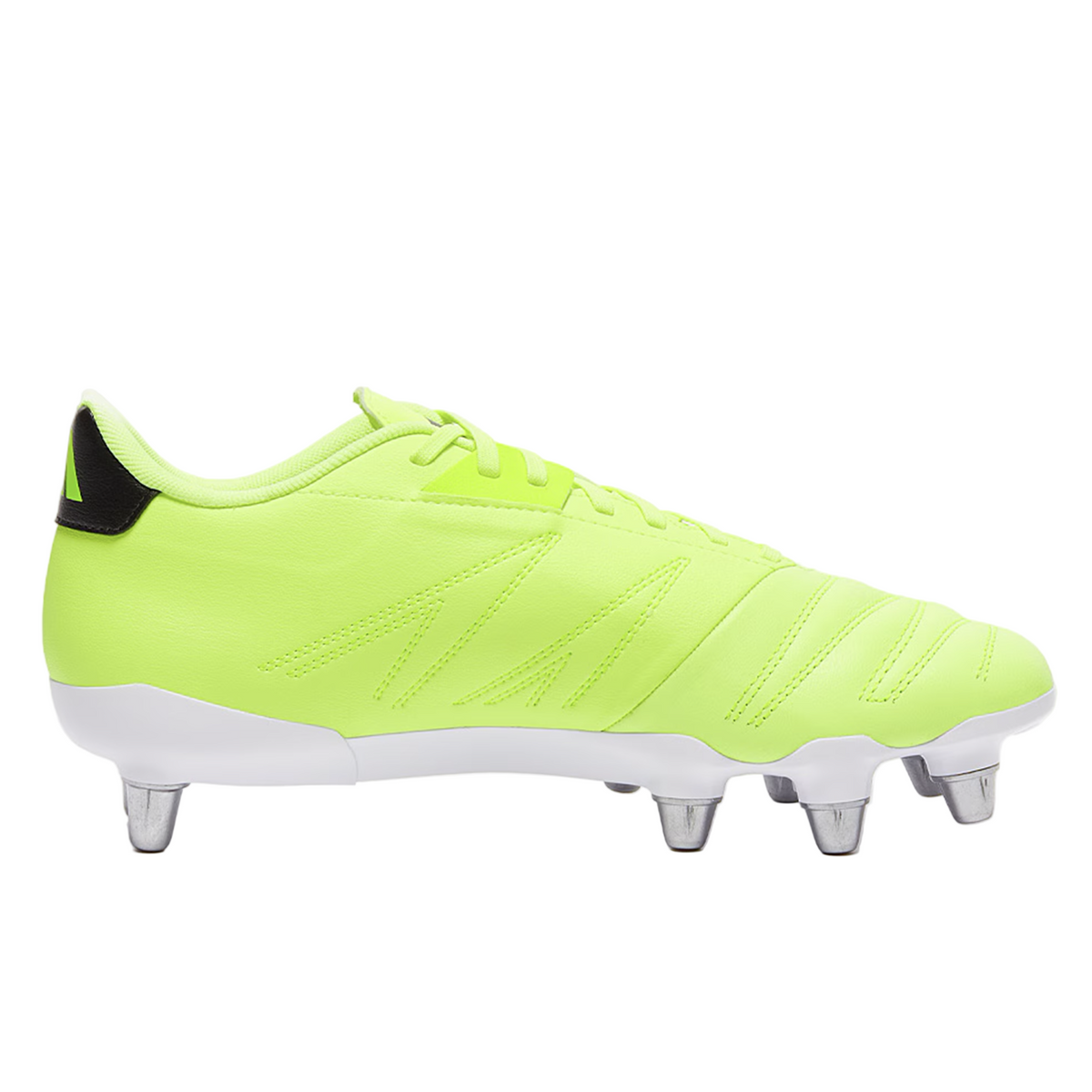The adidas Kakari Elite SG rugby boot in Hi-Res Yellow/Core Black/Lucid Lemon features metal soft ground studs, a white sole, and black heel detail, displayed in a side profile on a white background.