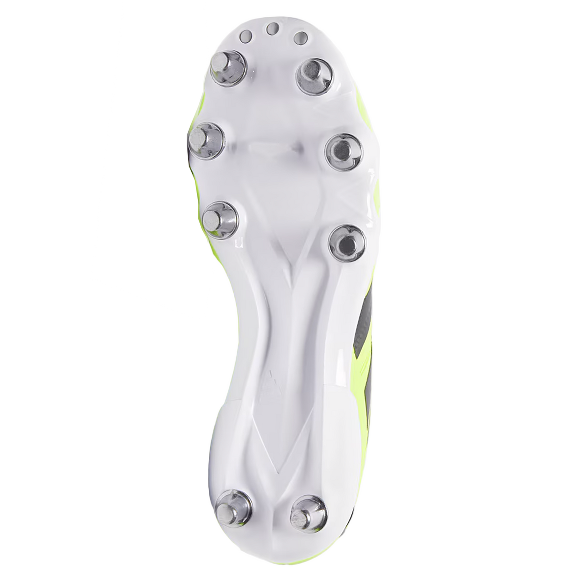 Bottom view of the adidas Kakari Elite SG rugby boot in Hi-Res Yellow/Core Black/Lucid Lemon, displaying a white sole with six metal studs and two smaller plastic studs.
