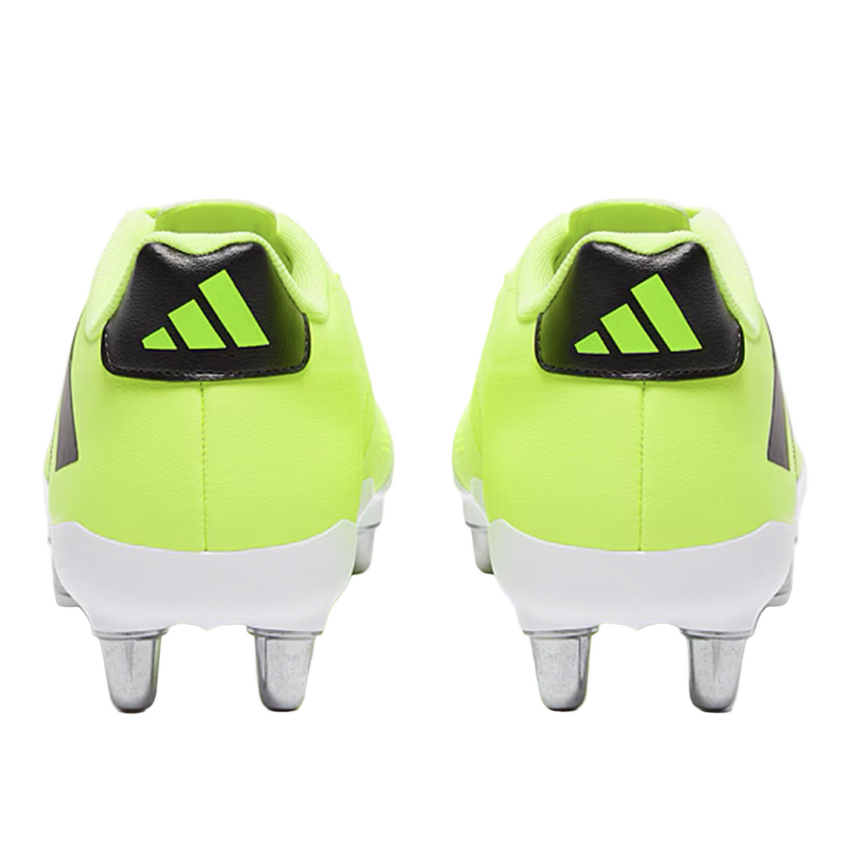 Rear view of adidas Kakari Elite SG rugby boots in Hi-Res Yellow/Core Black/Lucid Lemon with white soles and metal studs, featuring the adidas logo on the heels—ideal soft ground boots for serious players.