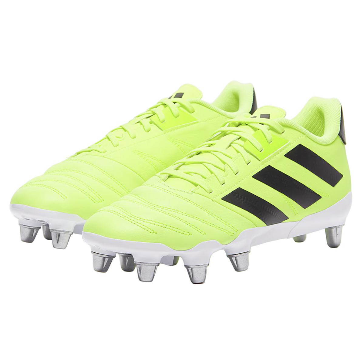 The adidas Kakari Elite SG rugby boots in Hi-Res Yellow/Core Black/Lucid Lemon feature black stripes, metal studs on a white sole, and are displayed on a plain white background—ideal for soft ground play.