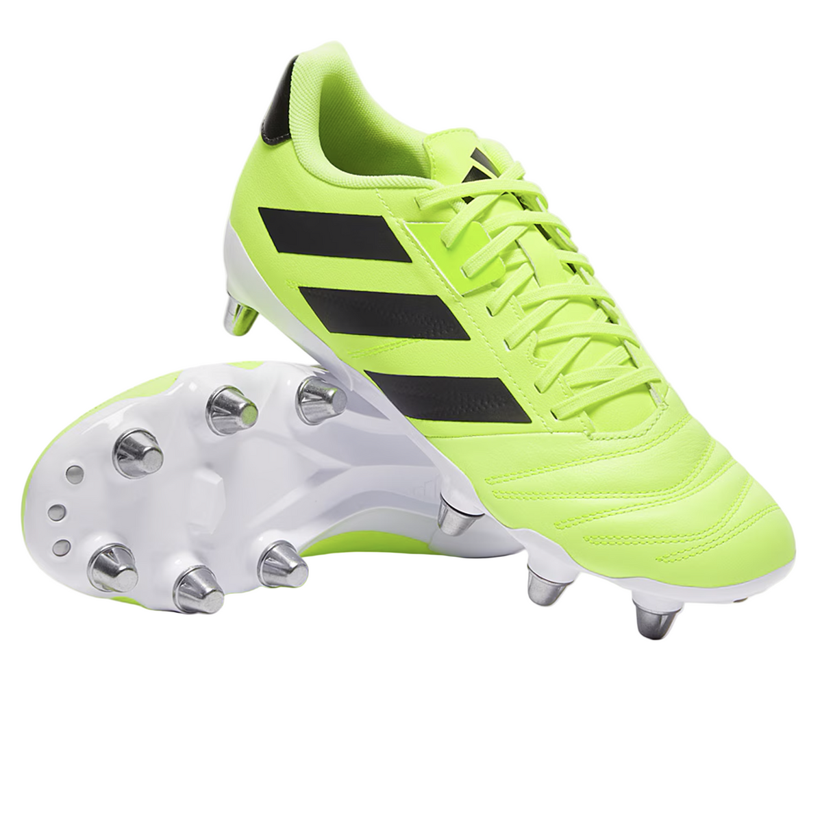 A pair of adidas Kakari Elite SG rugby boots in Hi-Res Yellow/Core Black/Lucid Lemon, featuring metal studs—one upright, one on its side to display the sole—ideal for soft ground play.