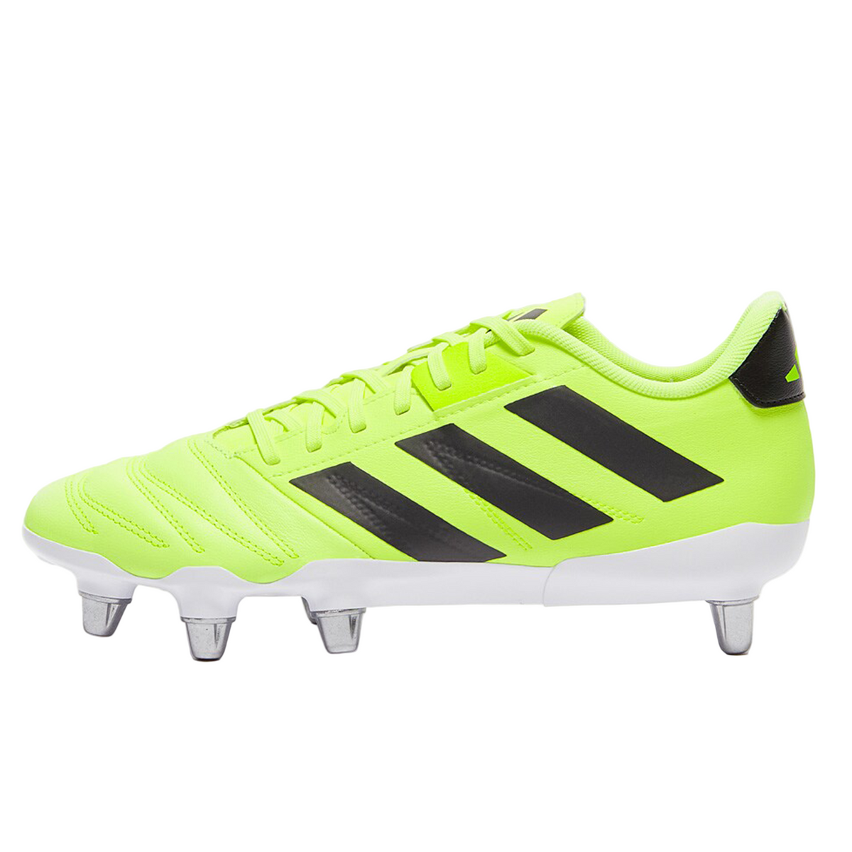 The adidas Kakari Elite SG rugby boot in Hi-Res Yellow/Core Black/Lucid Lemon features black stripes, metal studs, and a white sole, shown from the side against a white background.
