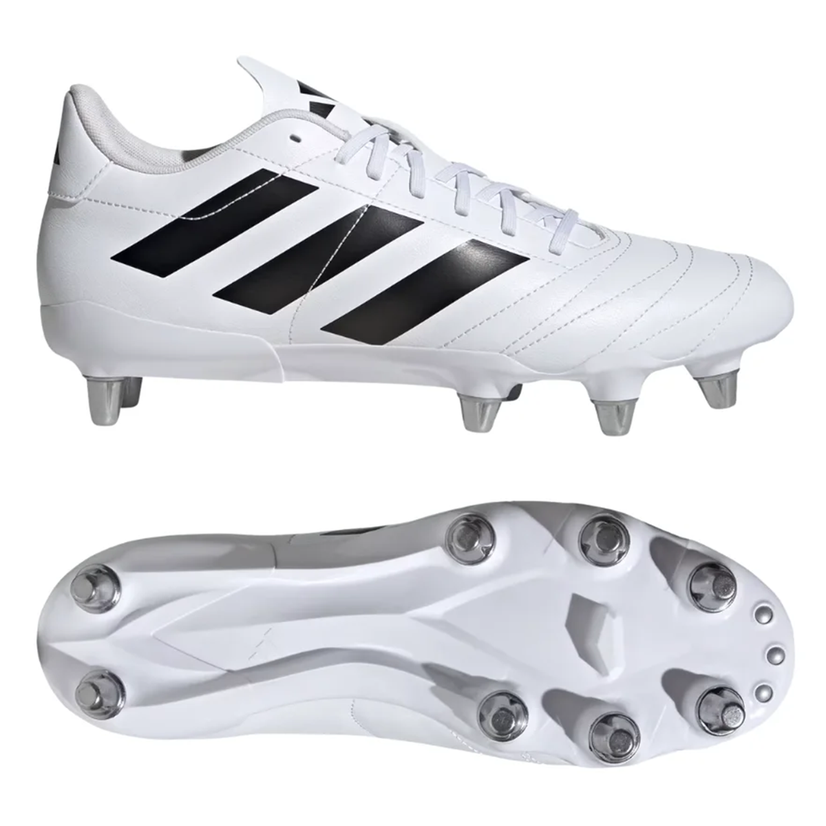 The adidas Kakari SG rugby boots in White/Core Black/Silver Metallic feature six metal studs on the sole for improved traction on soft ground, with black stripes and side and bottom views shown.