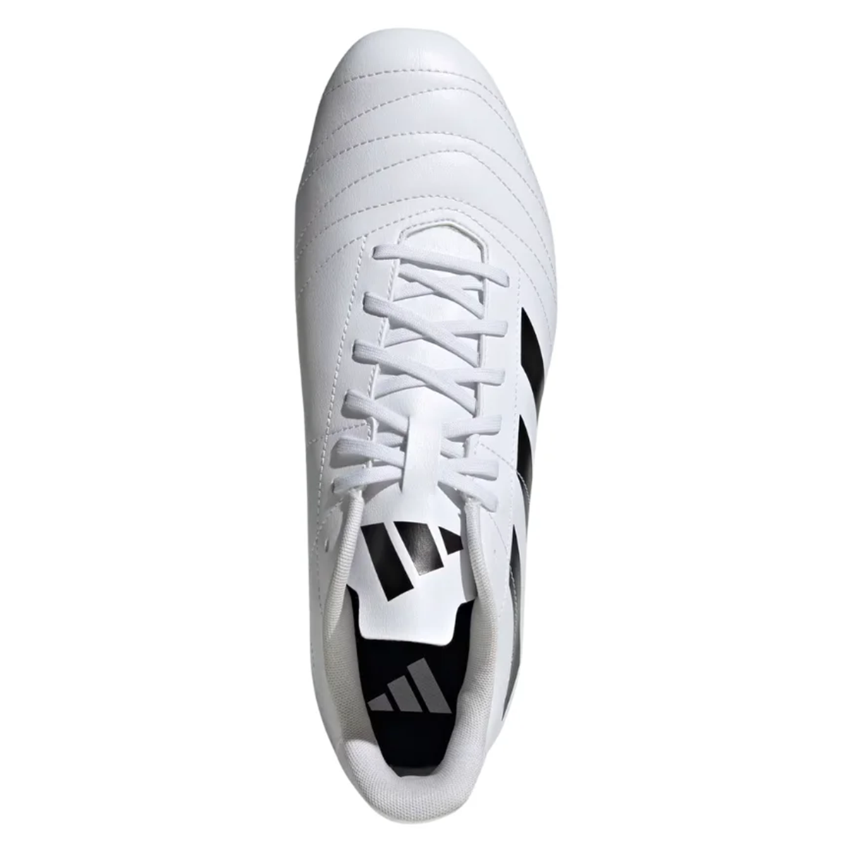 Top view of the adidas Kakari SG in White/Core Black/Silver Metallic, showcasing black side stripes and logo on the tongue—perfect for soft ground, inspired by rugby boot design.