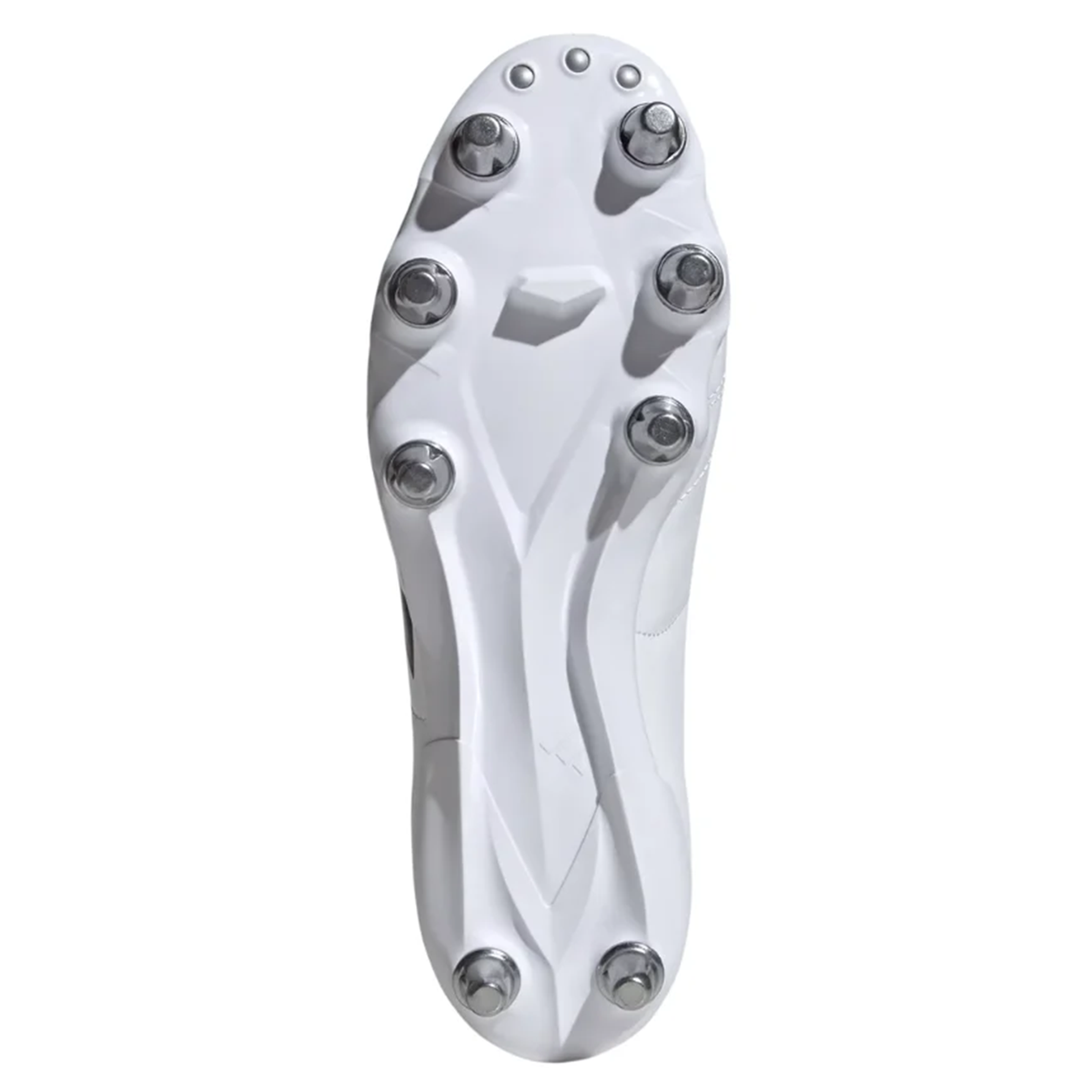 Close-up of the sole on the adidas Kakari SG in White/Core Black/Silver Metallic, featuring seven metal studs designed for superior traction on soft ground.