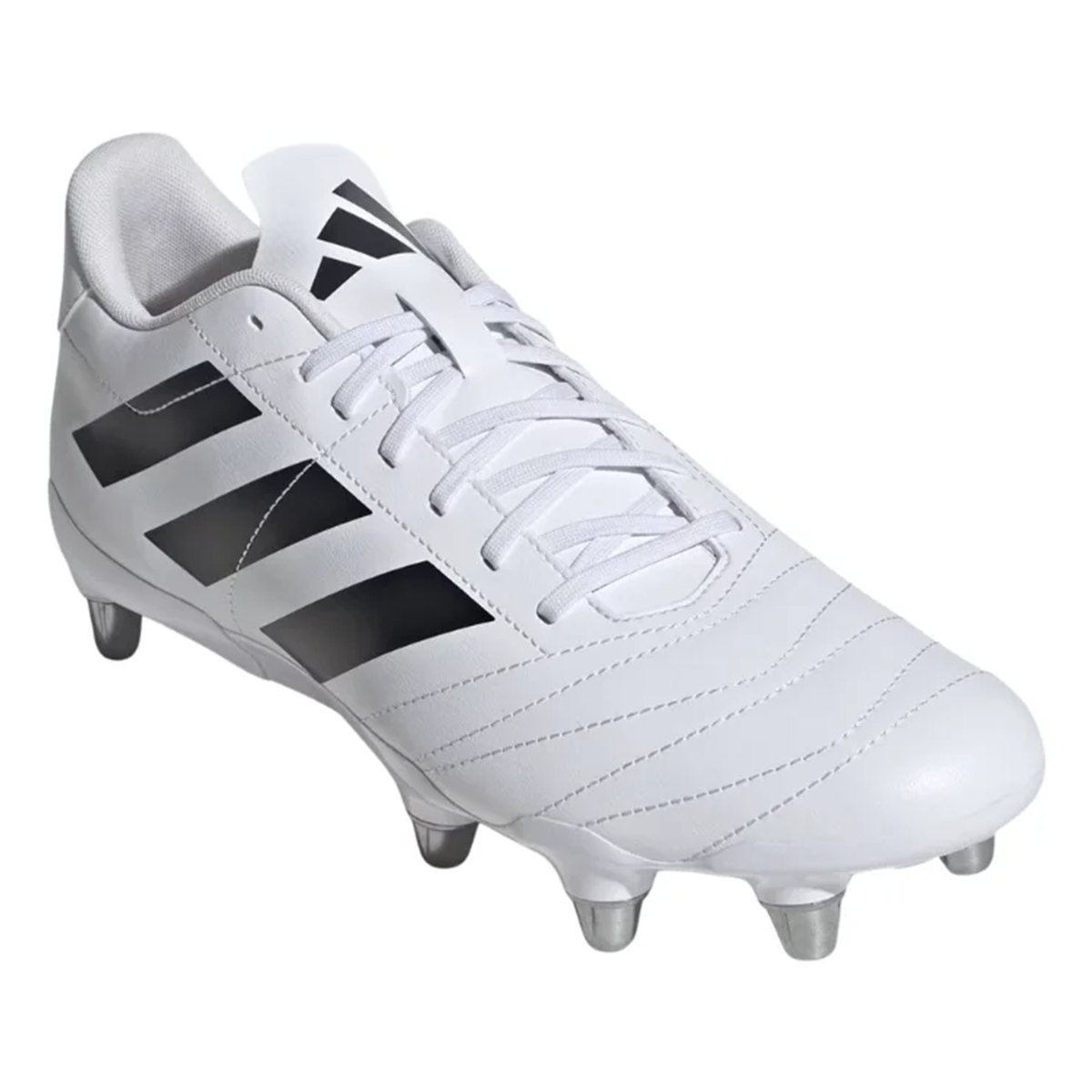 The adidas Kakari SG rugby boot in White/Core Black/Silver Metallic features black stripes, metal soft ground studs, and laces, shown angled to display both the side and top.