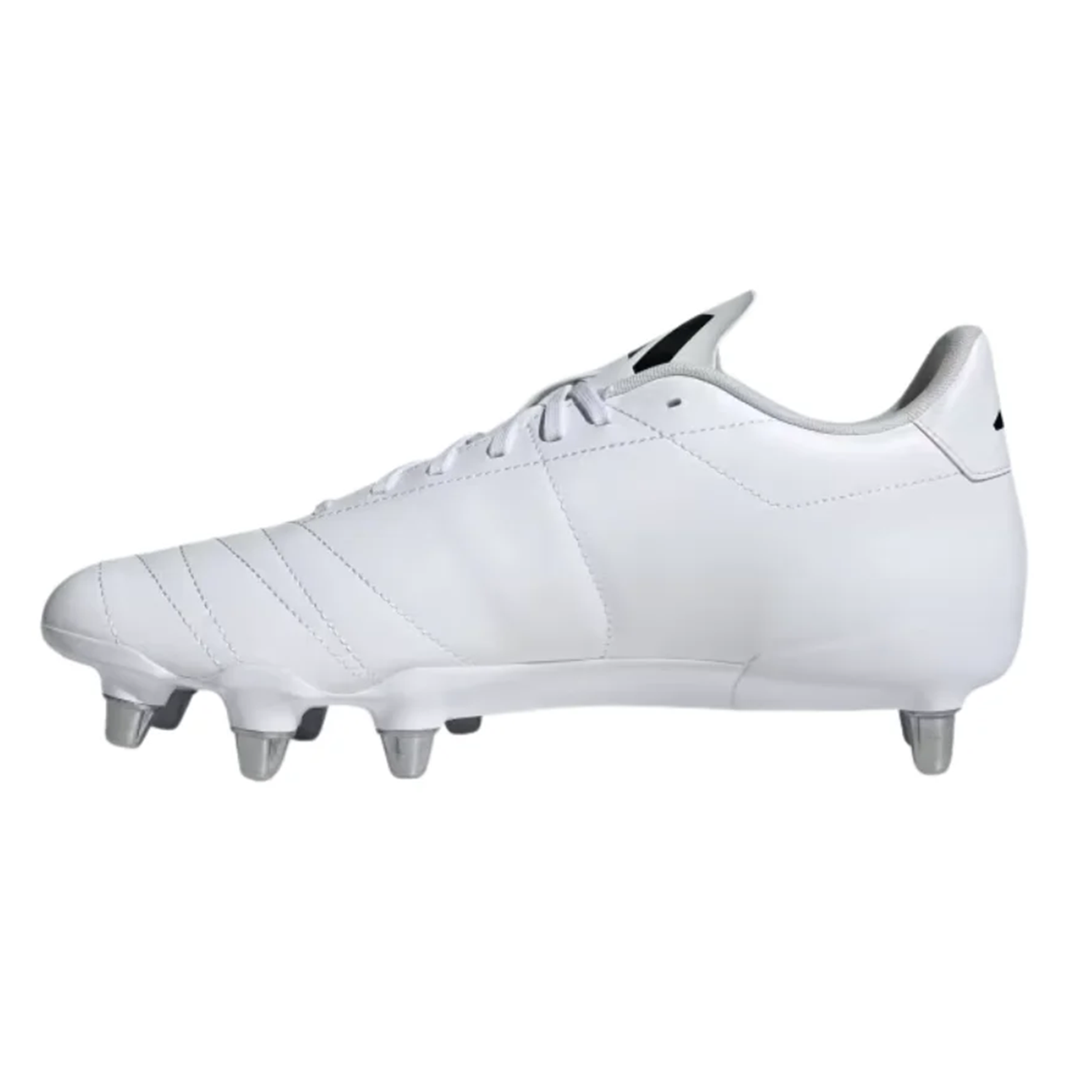 The adidas Kakari SG soccer cleat in White/Core Black/Silver Metallic, designed for soft ground with metal studs, is shown in a side profile view against a plain background.