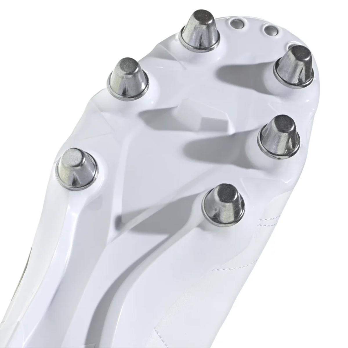 Close-up of the adidas Kakari SG rugby boot sole in White/Core Black/Silver Metallic, showing six metal studs for excellent traction on soft ground.