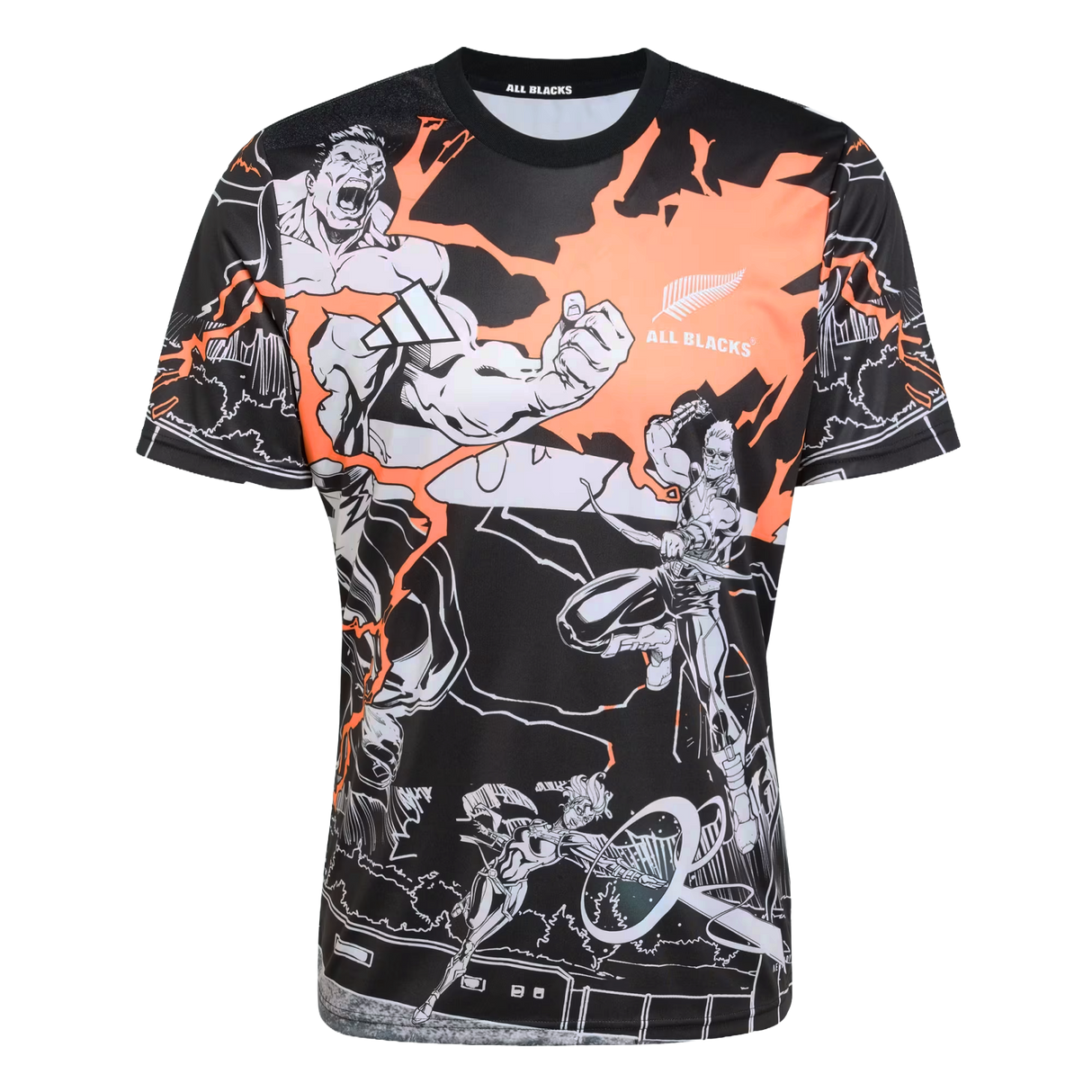 The All Blacks 26/27 Captains Run Replica Jersey by adidas features dynamic black and orange comic-style graphics and displays the adidas "All Blacks" logo on the chest.