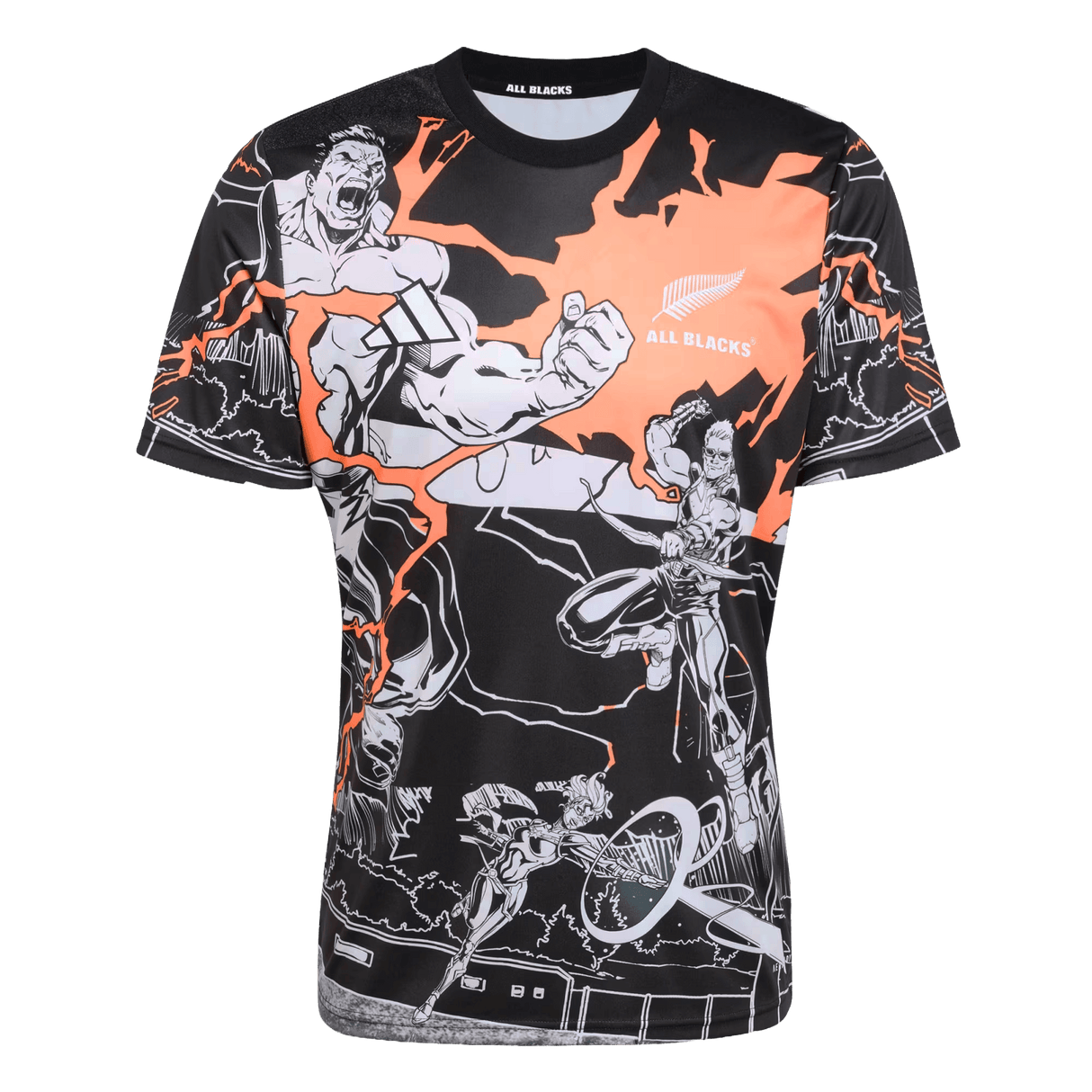 The All Blacks 26/27 Captains Run Replica Jersey by adidas features dynamic black and orange comic-style graphics and displays the adidas "All Blacks" logo on the chest.