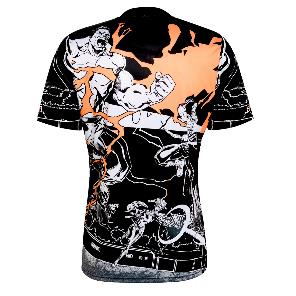 The adidas All Blacks 26/27 Captains Run Replica Jersey features bold comic-style graphics, dynamic action poses, orange lightning accents, and subtle adidas branding—bringing the spirit of the game to life.