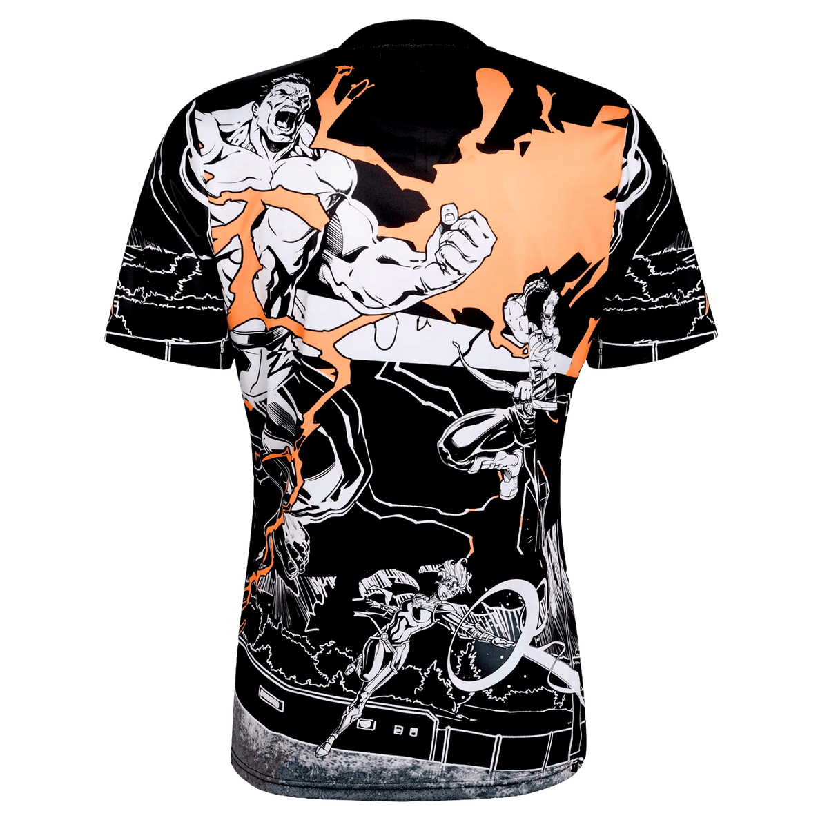 The adidas All Blacks 26/27 Captains Run Replica Jersey features bold comic-style graphics, dynamic action poses, orange lightning accents, and subtle adidas branding—bringing the spirit of the game to life.