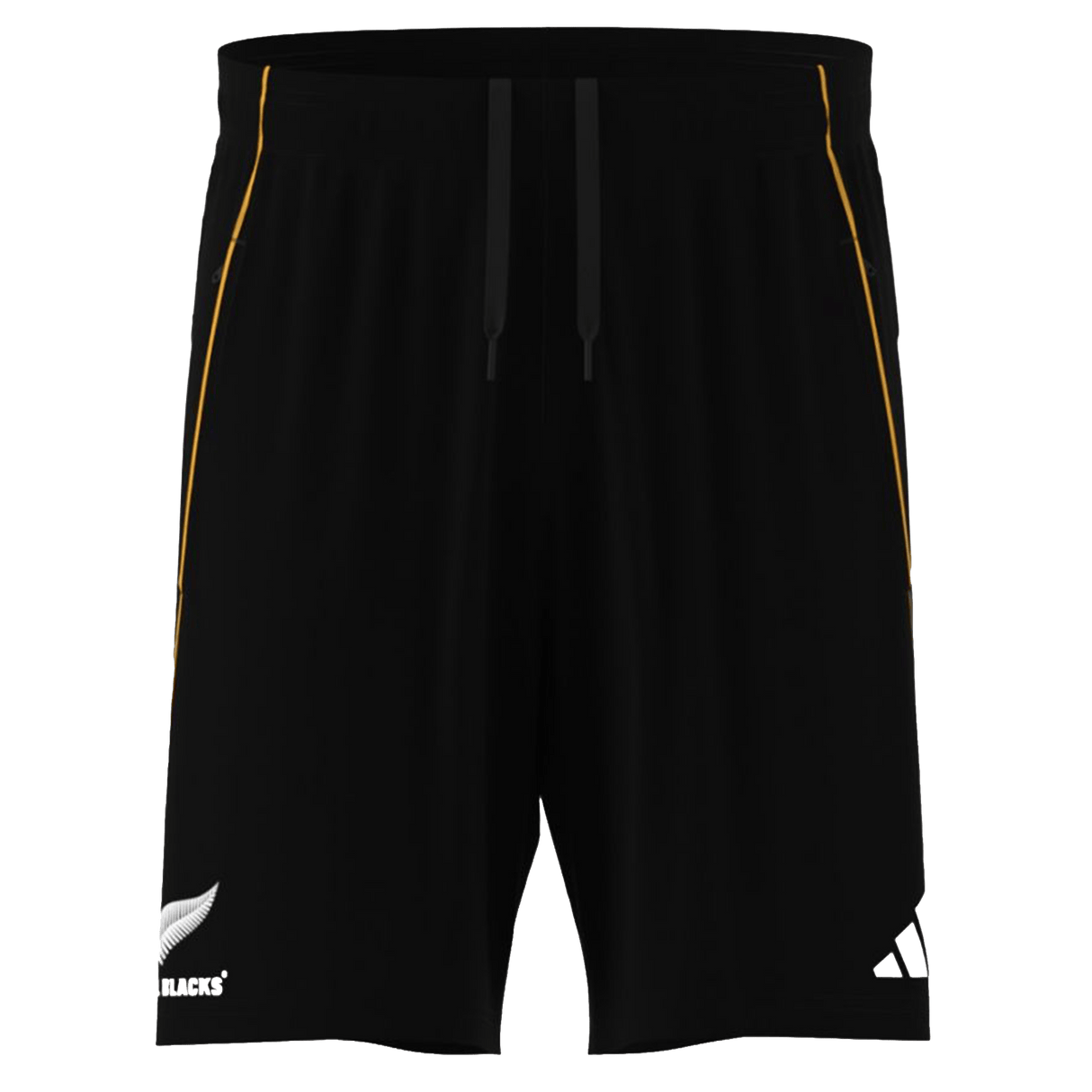 The adidas All Blacks 26/27 Marvel Performance Gym Shorts feature the iconic silver fern and adidas logos, with yellow side accents—ideal shorts for performance training.