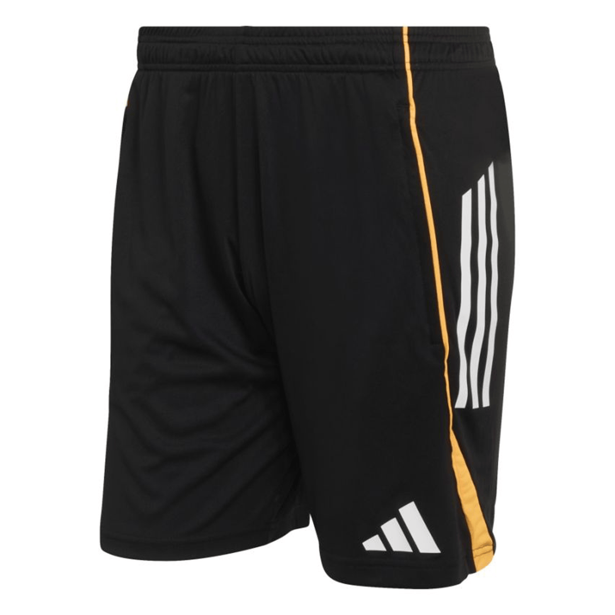 The All Blacks 26/27 Marvel Performance Gym Shorts by adidas feature yellow side stripes and a white geometric logo, ideal as adidas sportswear for training or workouts.