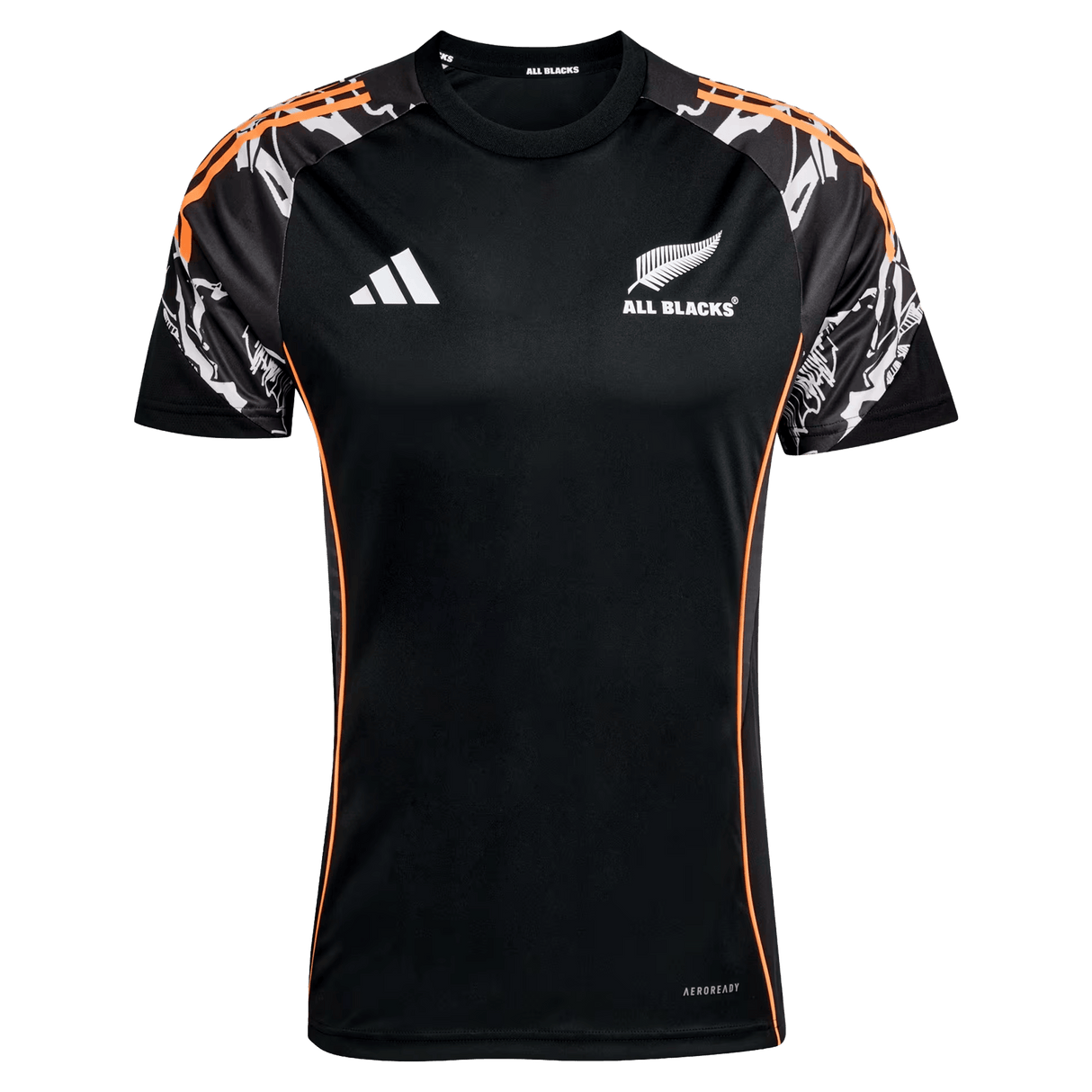 The All Blacks 26/27 Marvel Performance Training Tee by adidas features white logos, orange side accents, and patterned black, white, and orange sleeves—ideal as a rugby performance shirt.