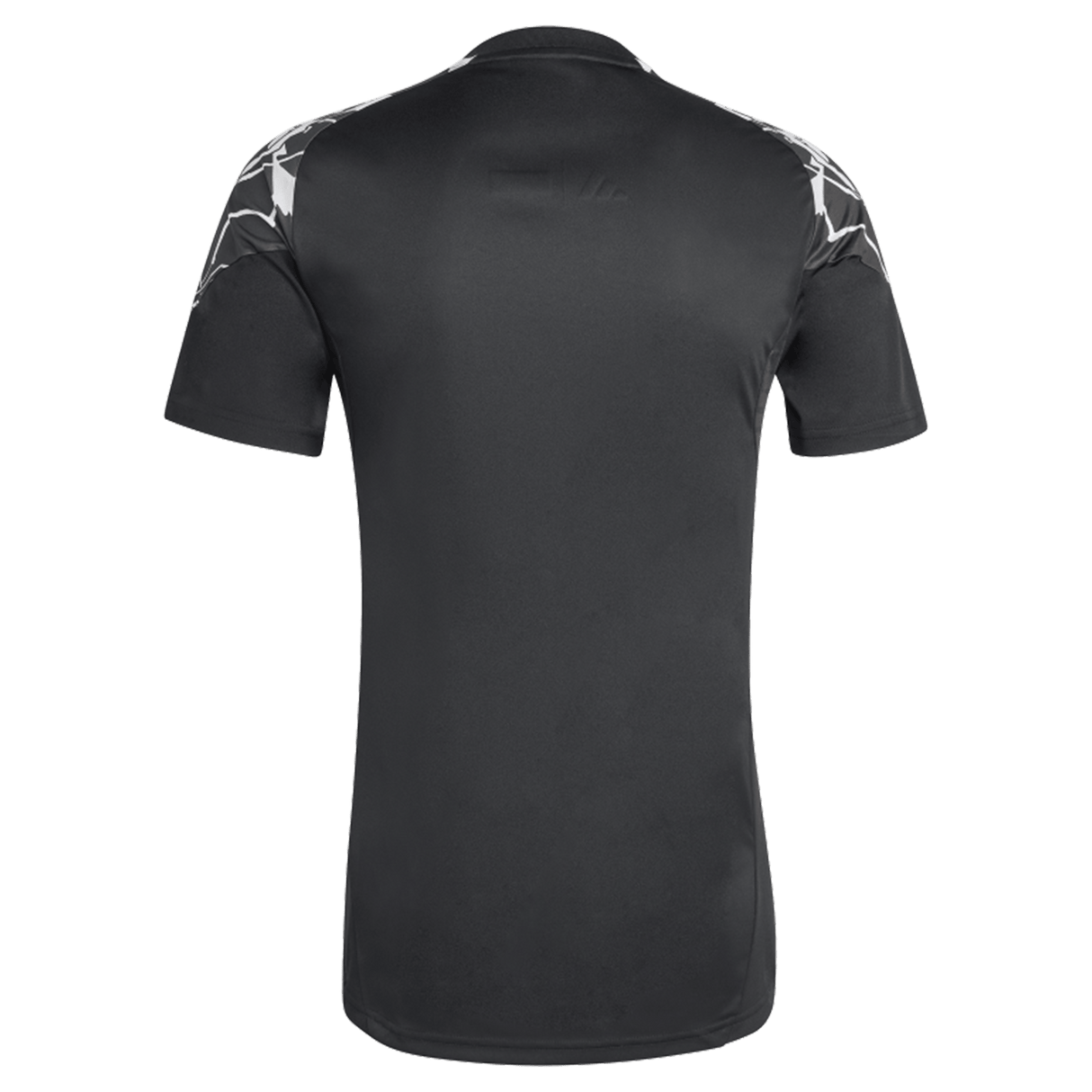 The All Blacks 26/27 Marvel Performance Training Tee by adidas is shown from the back, featuring black short sleeves with white geometric patterns on the shoulders and sleeves.