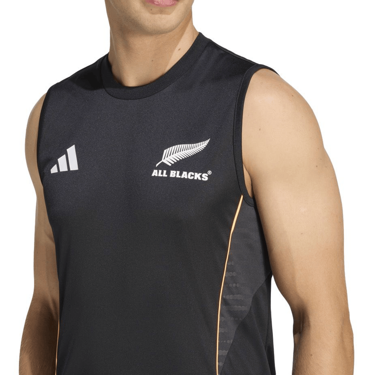 A person wearing the All Blacks 26/27 Marvel Performance Training Singlet by adidas, featuring the "ALL BLACKS" logo, silver fern on the chest, and adidas branding—ideal for performance-focused athletes.