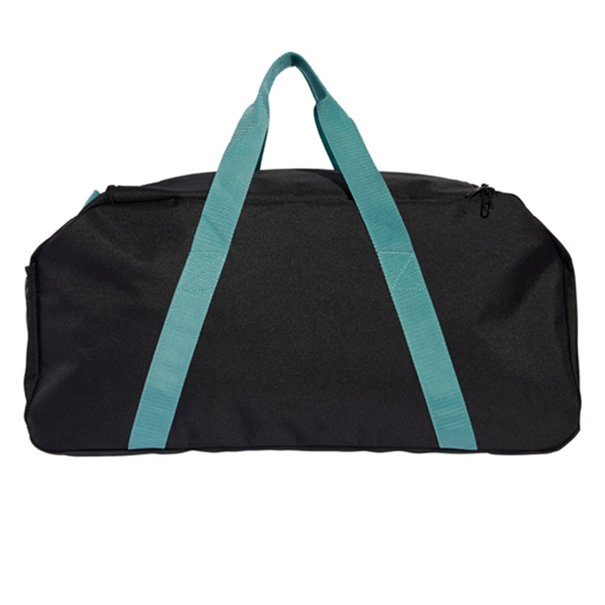 The adidas All Blacks 25/26 Duffle, featuring a black design with teal handles and straps, is shown against a white background.