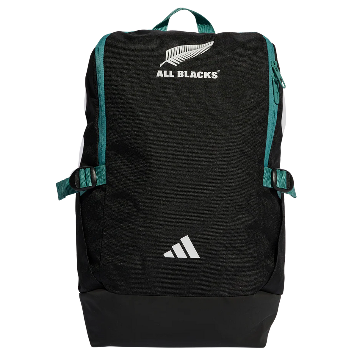 The All Blacks 25/26 Backpack by adidas features teal straps, “ALL BLACKS” text, a silver fern logo on top, and the adidas logo at the bottom—perfect for rugby fans and everyday use.