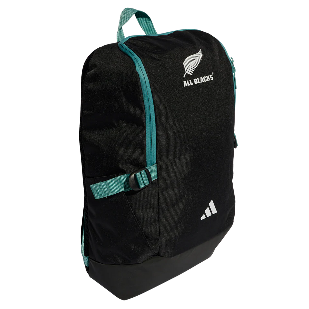 The All Blacks 25/26 Backpack by adidas features teal accents, adjustable straps, a zippered main compartment, and bold adidas and All Blacks logos on the front. Ideal for rugby fans seeking style and function.
