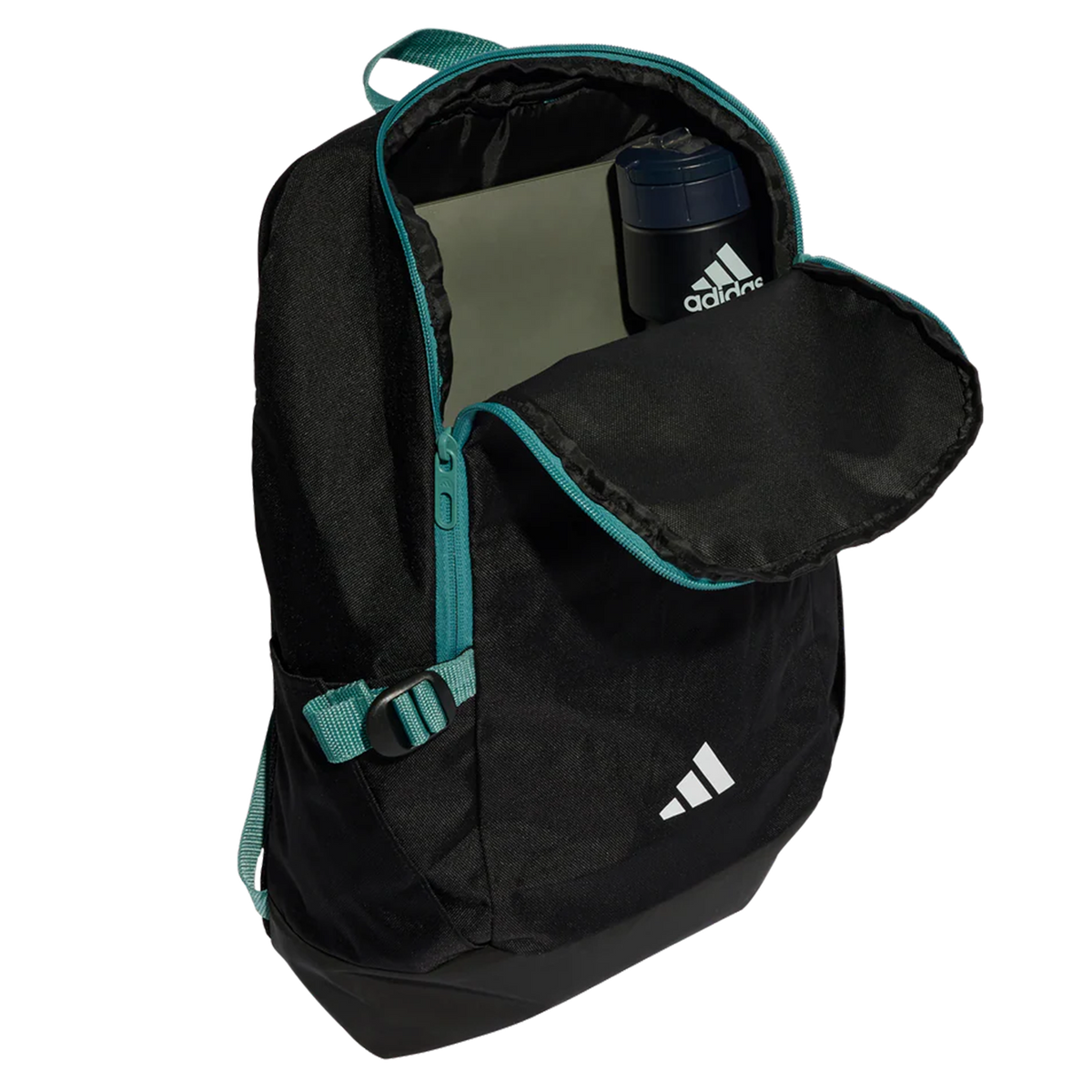 The All Blacks 25/26 Backpack by adidas is open to reveal a laptop and blue adidas water bottle inside, making it the ideal rugby backpack for school or training.