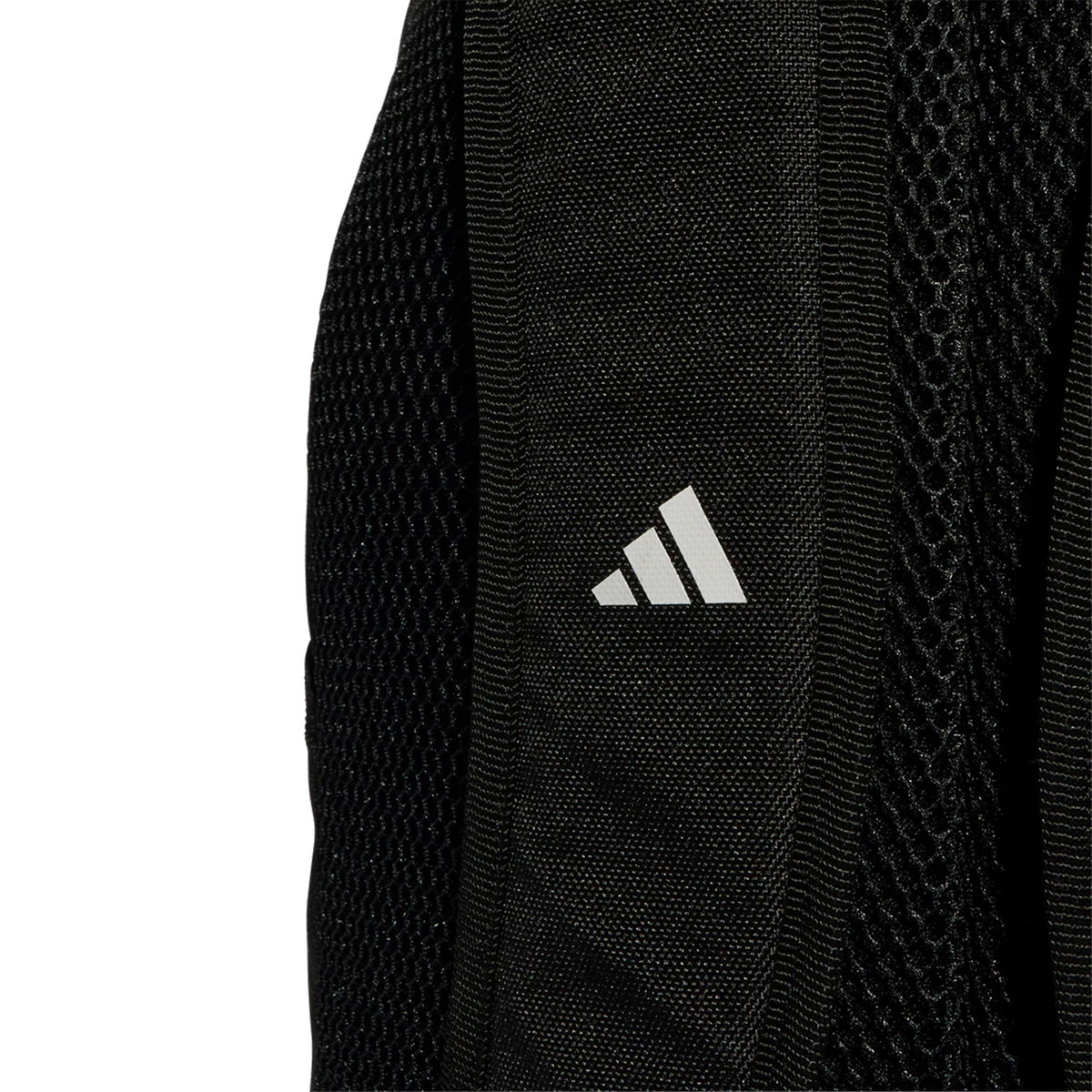 Close-up of black mesh fabric with a small white adidas logo on the right side, featured on the All Blacks 25/26 Backpack by adidas.