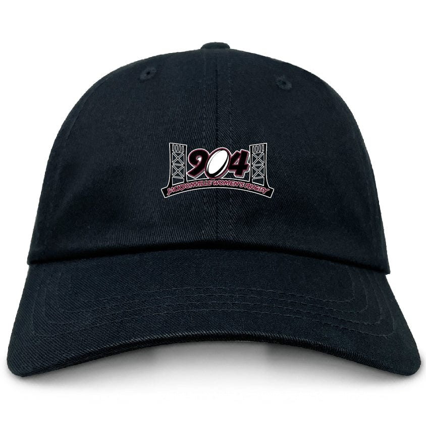 The Jacksonville Women's Rugby Adult Low-Profile Cotton Twill Dad Cap by EMB S&S Activewear is a black dad cap with "904" and a bridge graphic embroidered on the front.