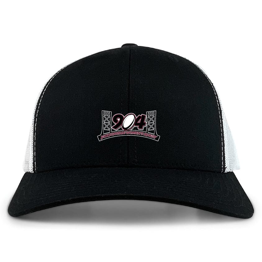 The Jacksonville Women's Rugby Retro Trucker Cap by EMB S&S Activewear features "904" and a bridge graphic on the black-and-white front, crafted from a comfy poly-cotton blend with classic snapback closure.