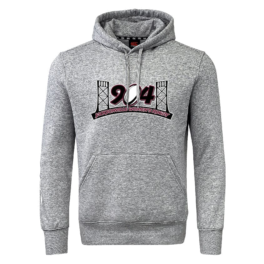 The Jacksonville Women's Rugby Club Hoodie by Canterbury from WRS Canterbury is a gray hooded sweatshirt showcasing a "904 Jacksonville Women's Rugby" graphic on the front, complete with a bridge design and a prominent "904." This hoodie also offers customization options for a personalized touch.