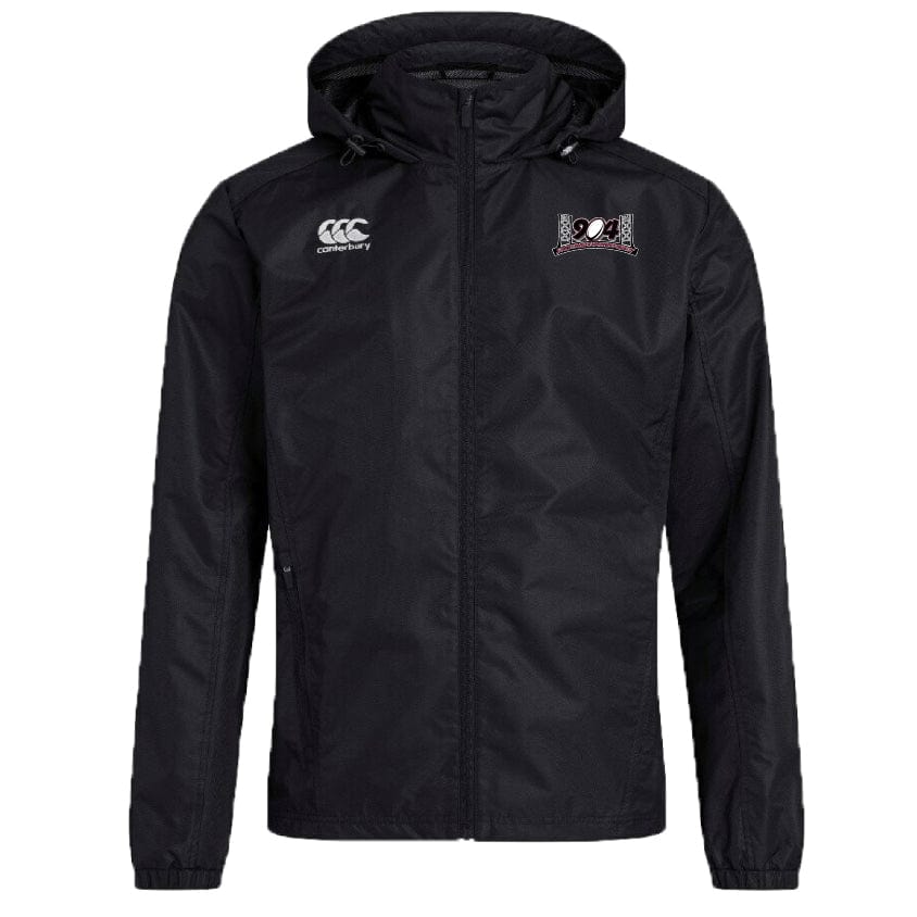 The Jacksonville Women's Rugby Club Vaposhield Full Zip Rain Jacket by EMB Canterbury is a black zip-up jacket with a hood, showcasing the Canterbury logo on the left chest and an emblem in red, white, and black on the right chest. This water-resistant jacket is designed with VapoShield technology to keep you dry and comfortable.