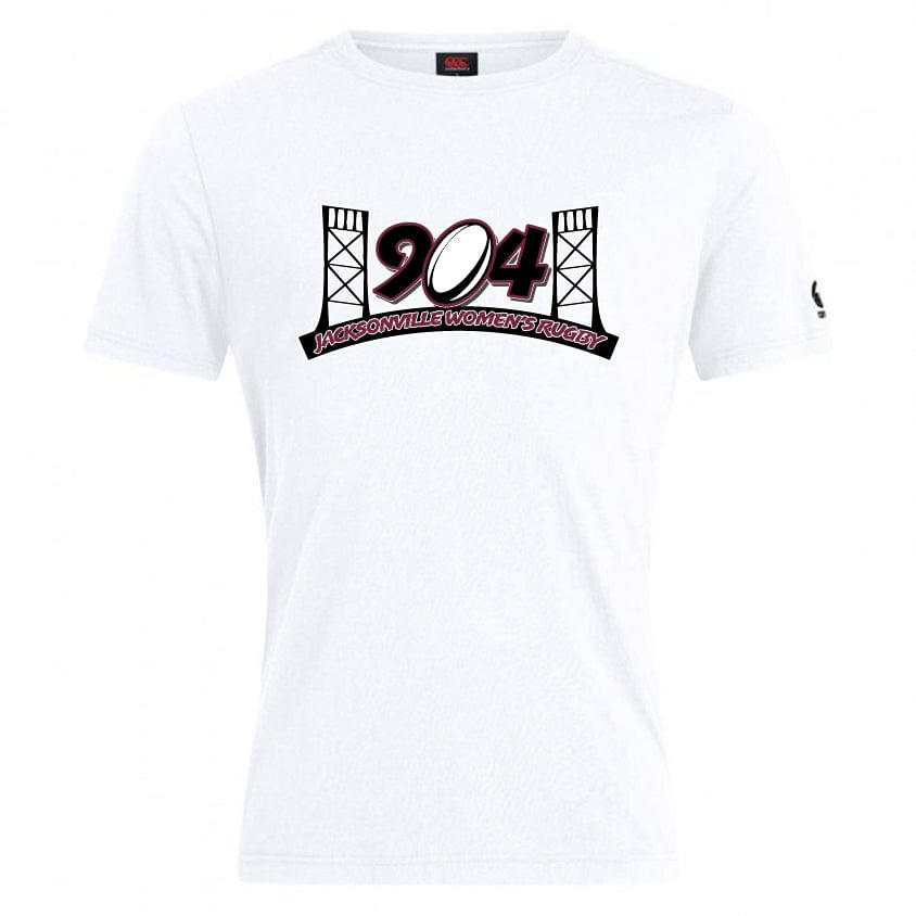 The Jacksonville Women's Rugby Club Plain Tee by Canterbury, brought to you by WRS Canterbury, features "904 Jacksonville Women's Rugby" printed in striking red and black text alongside intricate bridge structures. Made from a premium cotton blend, this CCC Club T-shirt promises unparalleled comfort and durability while offering a customizable design option.