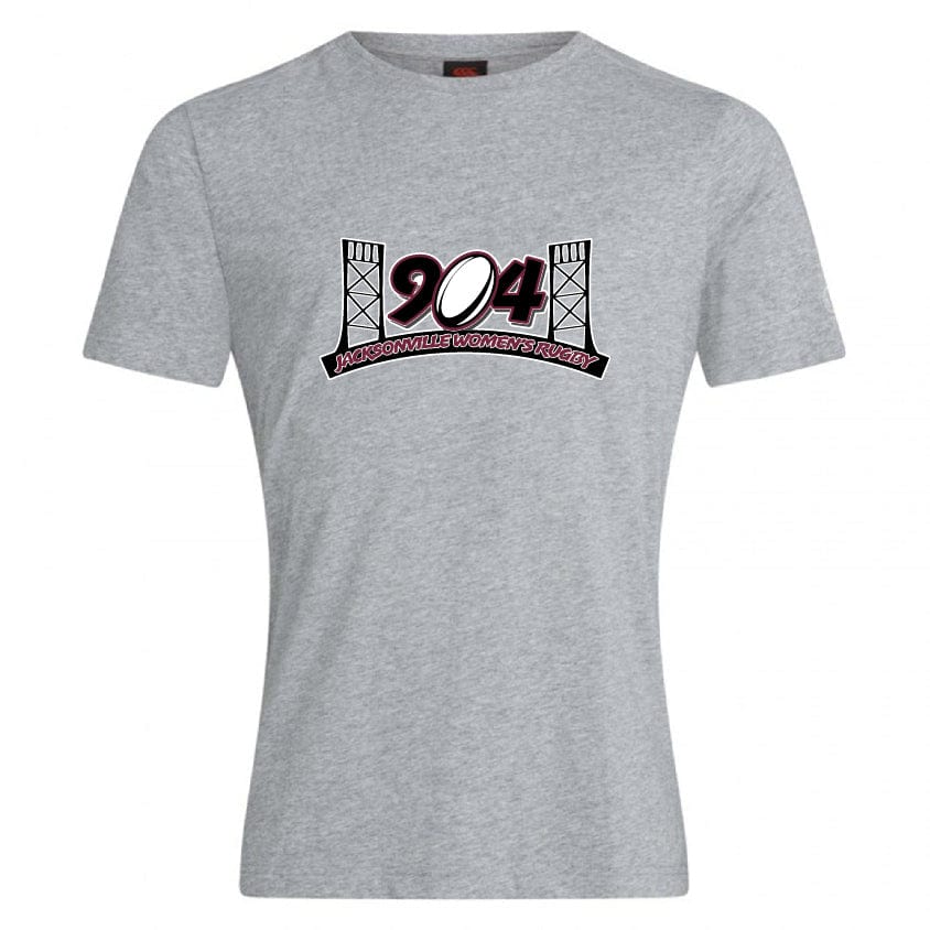 The Jacksonville Women's Rugby Club Plain Tee by Canterbury, from WRS Canterbury, is a grey T-shirt made of a premium cotton blend. It features two bridge towers, the number "904," and the text "Jacksonville Women's Rugby" in red and black.