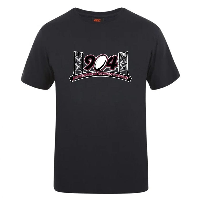 The Jacksonville Women's Rugby Club Plain Tee by Canterbury from WRS Canterbury is a comfortable cotton blend, black T-shirt featuring the number "904" flanked by two bridges and the text "Jacksonville Women's Rugby" below.