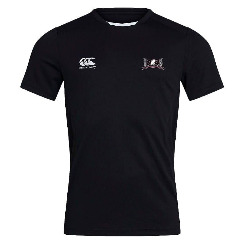 Jacksonville Women's Rugby Club Dry Tee by EMB Canterbury, featuring black short sleeves with white collars and two logos on the chest – one on the left and one on the right. It incorporates Vapodri Technology for enhanced comfort and CCC branding for an authentic look.