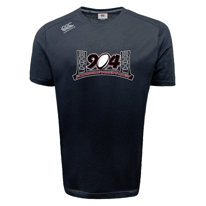 Black short-sleeve sports tee by WRS Canterbury, featuring the text "204 Winnipeg Women's Rugby" and two stylized bridges on the front. This Jacksonville Women's Rugby Tempo Vapodri T-Shirt by Canterbury incorporates VapoDri technology and has a small logo near the left shoulder.