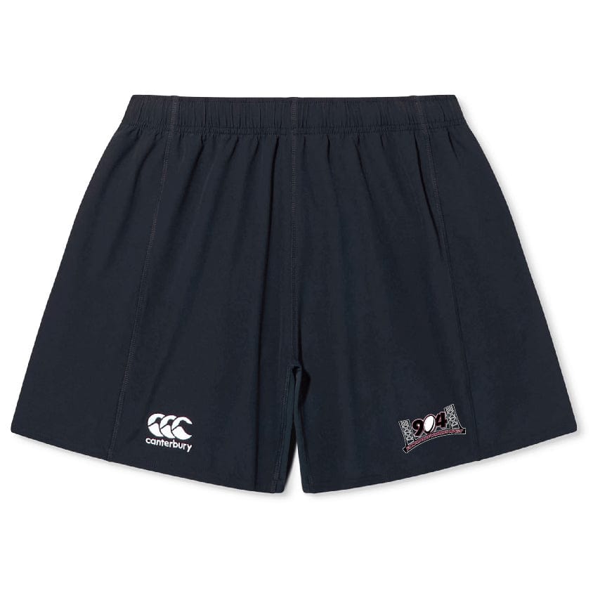 The Jacksonville Women's Rugby Yokohama Short by EMB Canterbury features a black athletic design with an elastic waistband, a Canterbury logo on the left leg, and a "92.4" emblem on the right leg, making them an ideal choice for rugby players.