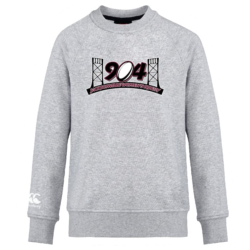 Jacksonville Women's Rugby Club Crew Sweatshirt by WRS Canterbury in ultra-soft gray, showcasing "904 Jacksonville Women's Rugby" text with a bridge design and an embroidered Canterbury logo on the sleeve.