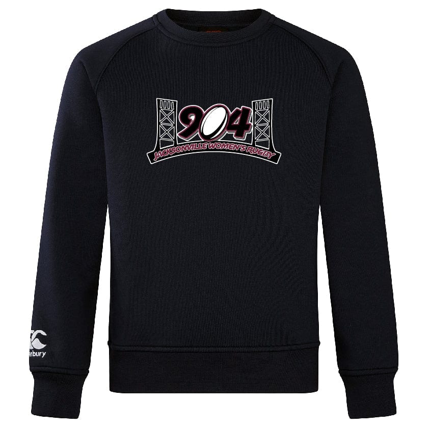 The Jacksonville Women's Rugby Club Crew Sweatshirt by WRS Canterbury is an ultra-soft black sweatshirt, featuring "904 Jacksonville Women's Rugby" and a bridge graphic on the chest, with an embroidered CCC logo on the left sleeve—perfect for showing off your team spirit in comfort.