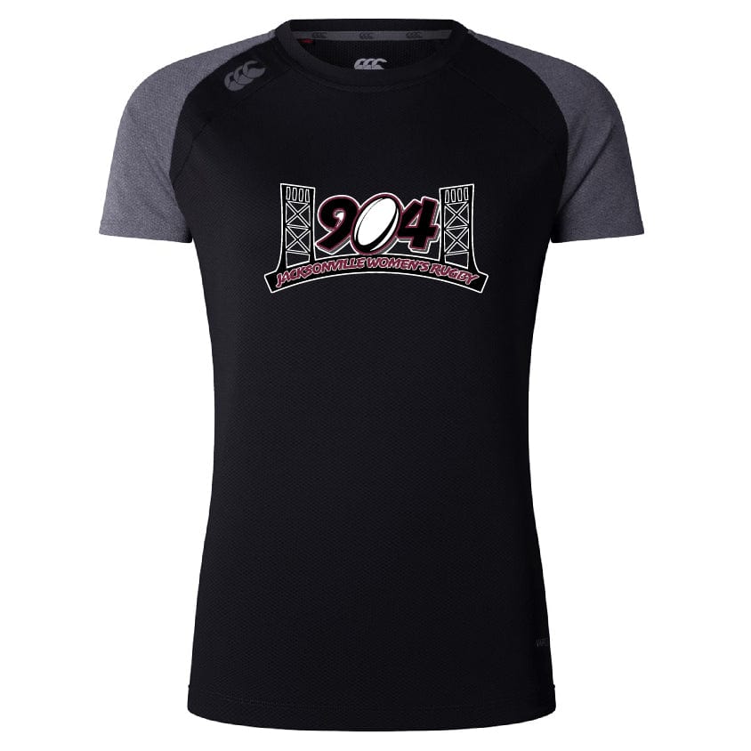 A black and gray short-sleeved Jacksonville Women's Rugby Women's Elite Training Tee by WRS Canterbury, featuring "204 Augustana Women's Rugby" and bridge graphics on the front, crafted from lightweight fabric using Vapodri technology for optimal performance.