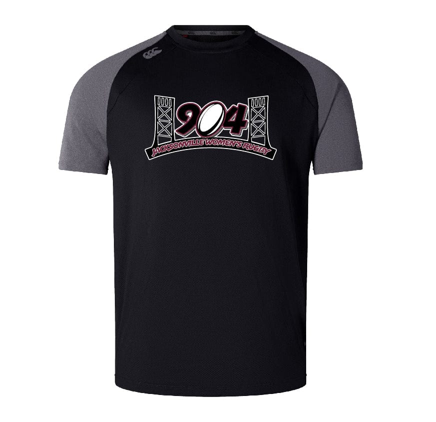 The Jacksonville Women's Rugby Elite Training Tee by Canterbury is a black short-sleeve sports jersey with gray shoulder panels, featuring the text "904 Jacksonville Women's Rugby" below a graphic of bridges. This WRS Canterbury tee is lightweight and durable, made from Vapodri fabrics to keep you cool and comfortable.