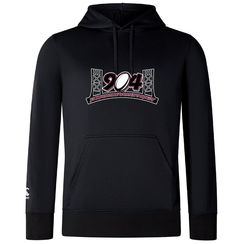 The WRS Canterbury Jacksonville Women's Rugby Club Lightweight Hoodie by Canterbury is black with a kangaroo pocket, featuring an embroidered "904 Jacksonville Women's Rugby" emblem on the chest and a small logo on the left sleeve.