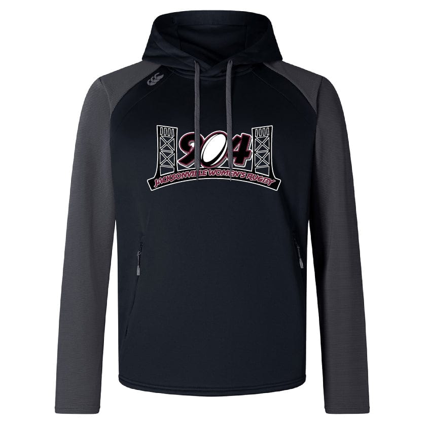 The Jacksonville Women's Rugby Elite Training Hoody by Canterbury, available in black and grey, features a front pocket and drawstrings along with the 904 Jacksonville Women's Rugby logo on the chest. Crafted from premium fabrics by WRS Canterbury, this comfortable and versatile hoodie is perfect for any occasion.