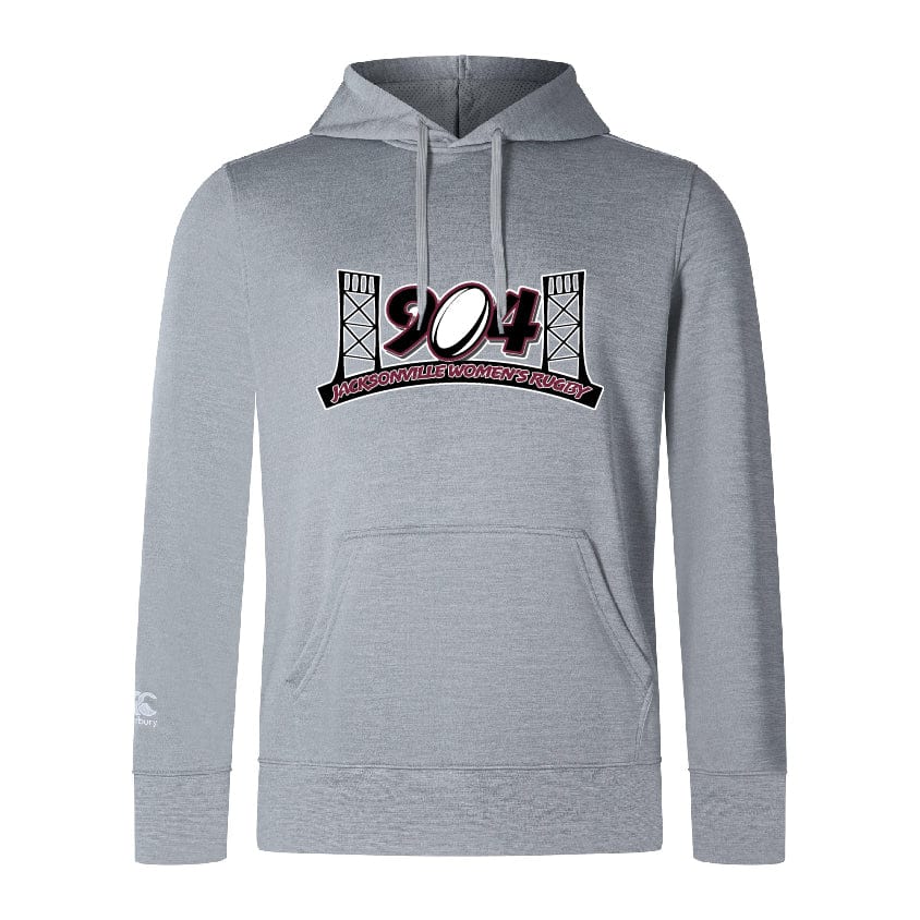 The WRS Canterbury Jacksonville Women's Rugby Club Lightweight Hoodie by Canterbury is a gray hoodie featuring a kangaroo pocket and drawstrings, adorned with a "904 Jacksonville Women's Rugby" logo with bridge imagery in the center.
