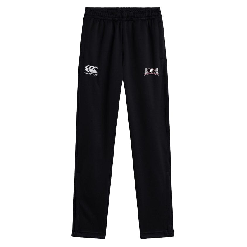 Introducing the Jacksonville Women's Rugby Stretch Tapered Pant by Canterbury from EMB Canterbury, featuring an elastic waistband, zip pockets, and dual logos on the left thigh—ideal workout attire.