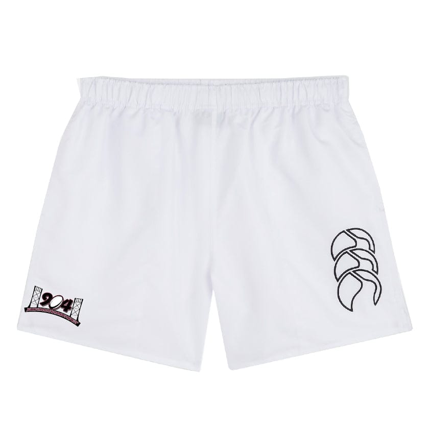 The Jacksonville Women's Rugby Tactic Shorts by EMB Canterbury are white and feature a lightweight design with a black logo on the lower left leg, a stylized emblem on the right leg, and an elasticated waistband for comfort.