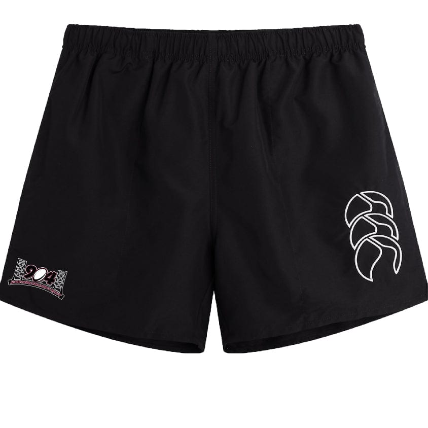 Jacksonville Women's Rugby Tactic Short by Canterbury in black with an elasticated waistband, featuring a white abstract logo on the right thigh and a multicolored "94" design on the left thigh.