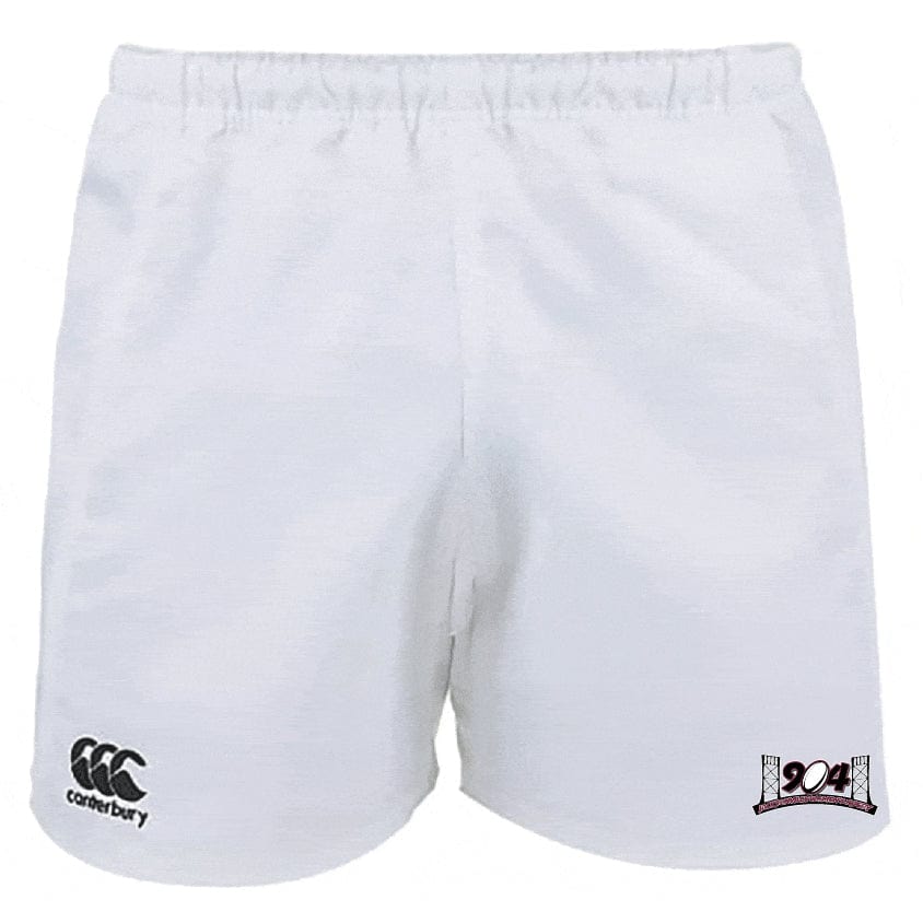 Introducing the Jacksonville Women's Rugby Advantage Rugby Shorts by EMB Canterbury, featuring a non-slip waistband, the iconic Canterbury logo on the left leg, and a "20th" anniversary emblem on the right leg. Crafted with moisture-wicking fabric to keep you comfortable and dry.