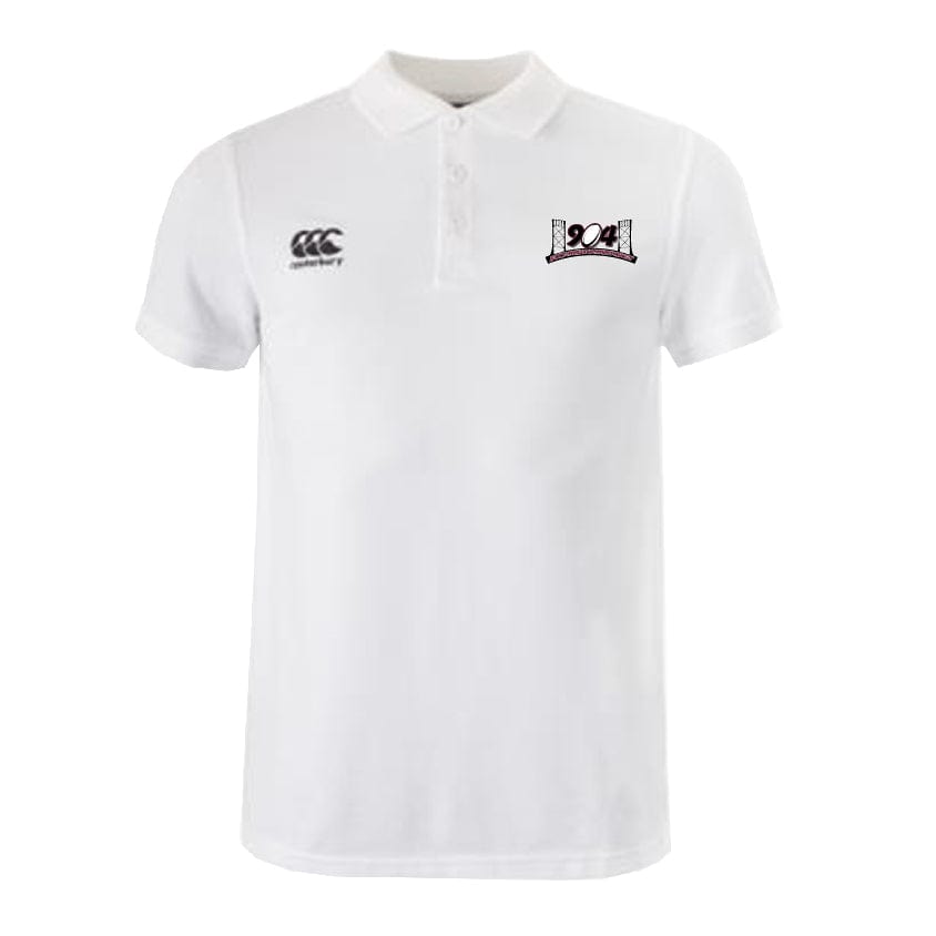 The Jacksonville Women's Rugby Waimak Polo by EMB Canterbury is a white shirt featuring two logos on the chest. The left logo depicts three overlapping "C" shapes, known as the Canterbury logo, while the right logo showcases tennis ball and net imagery. It is crafted from a comfortable Cotton Polyester blend.