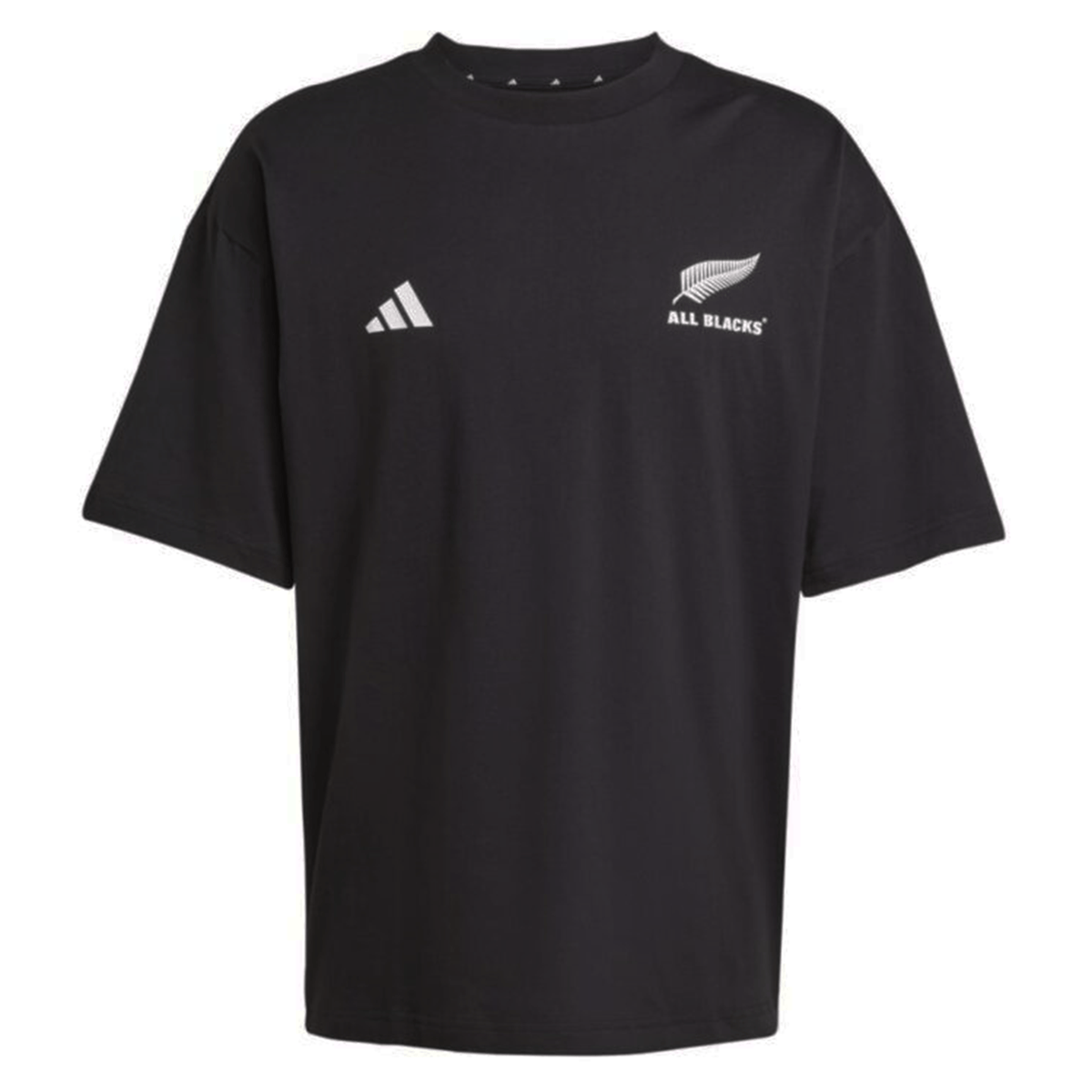 The All Blacks 25/26 Presentation T-Shirt by adidas features the iconic logo and silver fern on black—an essential piece for rugby fans.